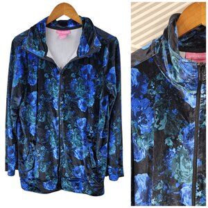 Woman Within Velvet Jacket Medium Romantic Blue Floral Black Zip Up Athleasure